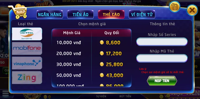 Muốn rút tiền nhanh mà không qua ngân hàng? Rút về thẻ cào là lựa chọn hoàn hảo! Tỷ lệ thành công cao, xử lý tự động 24/7.