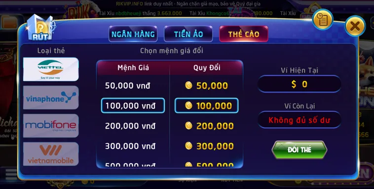 Hướng dẫn rút tiền qua thẻ cào tại rikvip.