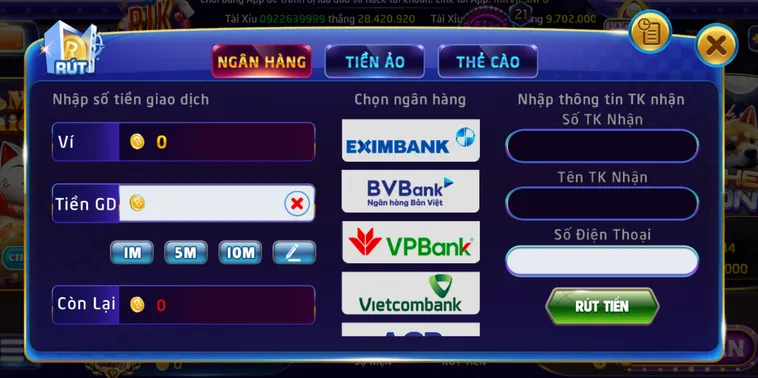 Nạp tiền tức thì - Rút tiền về túi chỉ trong 1-3 phút qua tài khoản ngân hàng tại Rikvip.